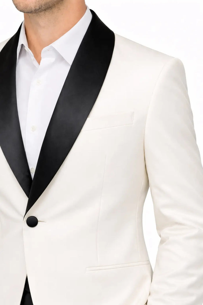 Men’s Ivory White Blazer with Black Shawl Collar – Elegant Contrast Formal Jacket