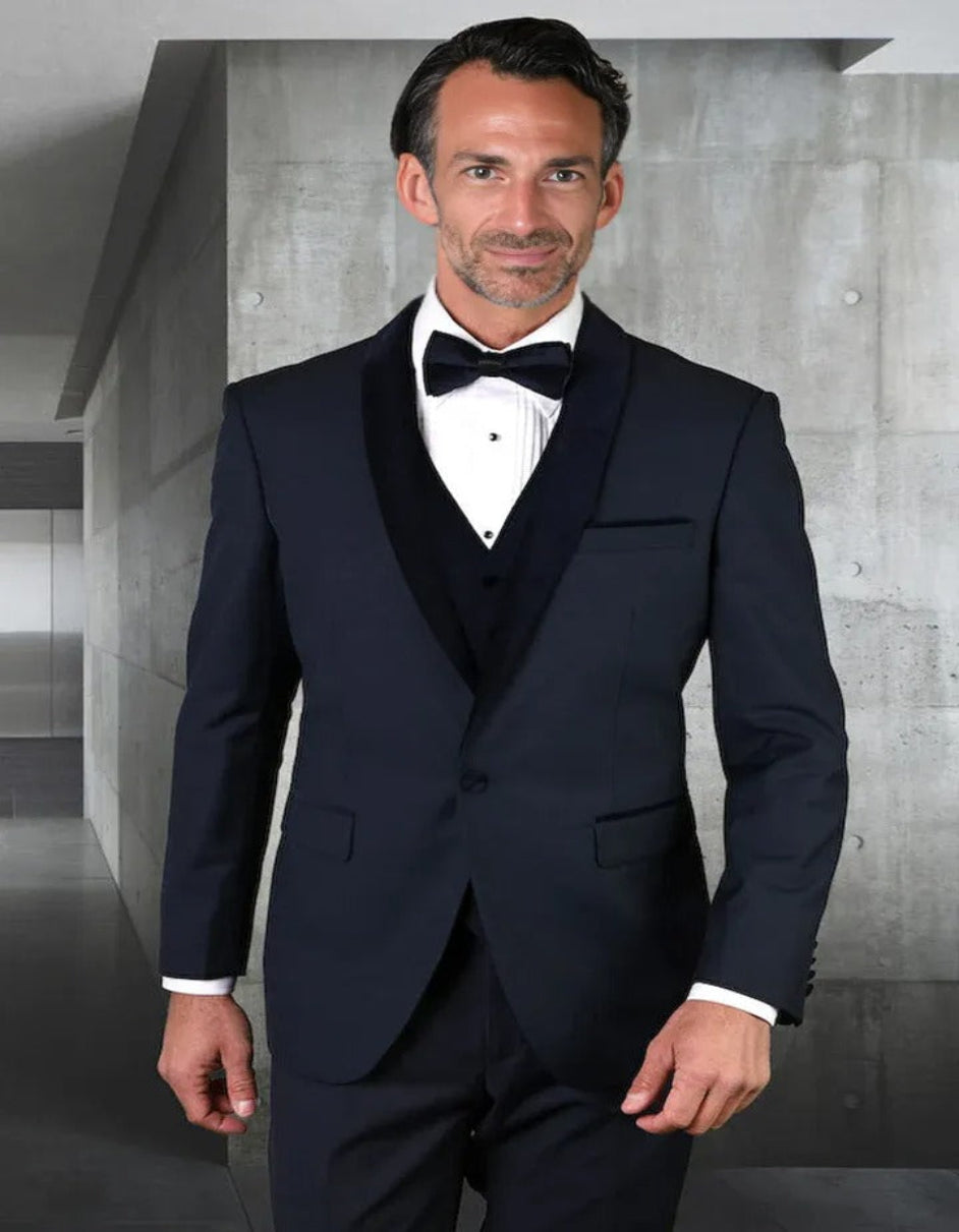 Blue Wedding Tuxedo - Men's Vested Classic Dinner Jacket Wedding Velvet Lapel Navy Blue Tuxedo