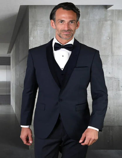 Blue Wedding Tuxedo - Men's Vested Classic Dinner Jacket Wedding Velvet Lapel Navy Blue Tuxedo