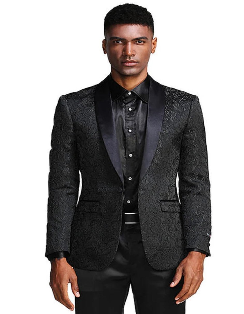 Men's Slim Fit Wedding & Prom Tonal Paisley Black Tuxedo Jacket - Men's Tuxedo USA