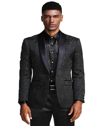 Men s Slim Fit Wedding Prom Tonal Paisley Black Tuxedo Jacket