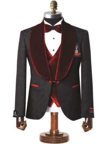 Mens Black With Red Velvet Lapel 3-Piece Tailored-Fit Tuxedo - Men's Tuxedo USA