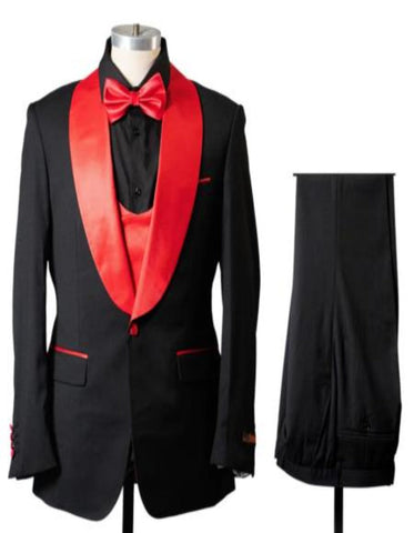 1 Button Shawl Lapel Tuxedo With Vest Black And Red - Men's Tuxedo USA