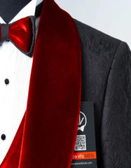 Mens Black With Red Velvet Lapel 3-Piece Tailored-Fit Tuxedo - Men's Tuxedo USA