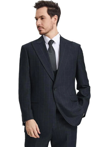 Men's Stacy Adams Peak Lapel Black Windowpane Plaid Suit With A Scoop Neck Vest - Men's Tuxedo USA