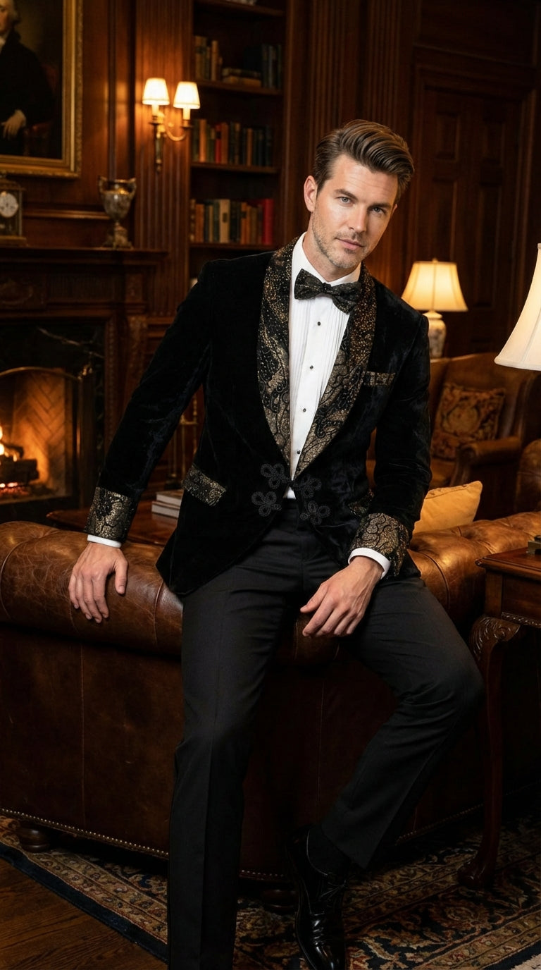 Men’s Smoking Jacket  Black and Gold Embroidered Tuxedo Blazer – Luxury Velvet Formal Dinner Jacket with Paisley Lapel