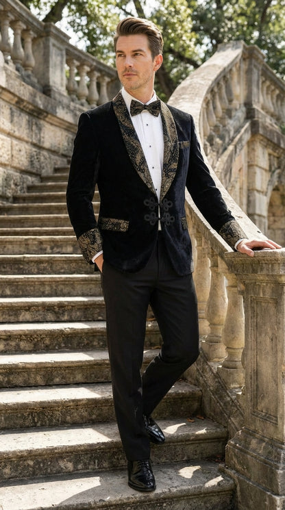 Men’s Smoking Jacket  Black and Gold Embroidered Tuxedo Blazer – Luxury Velvet Formal Dinner Jacket with Paisley Lapel