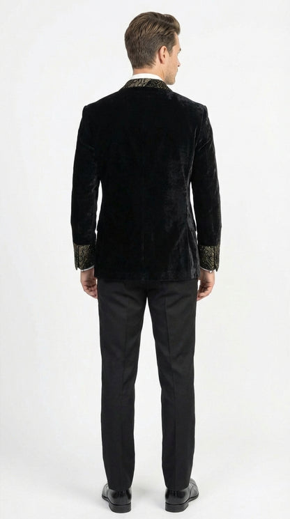 Men’s Smoking Jacket  Black and Gold Embroidered Tuxedo Blazer – Luxury Velvet Formal Dinner Jacket with Paisley Lapel