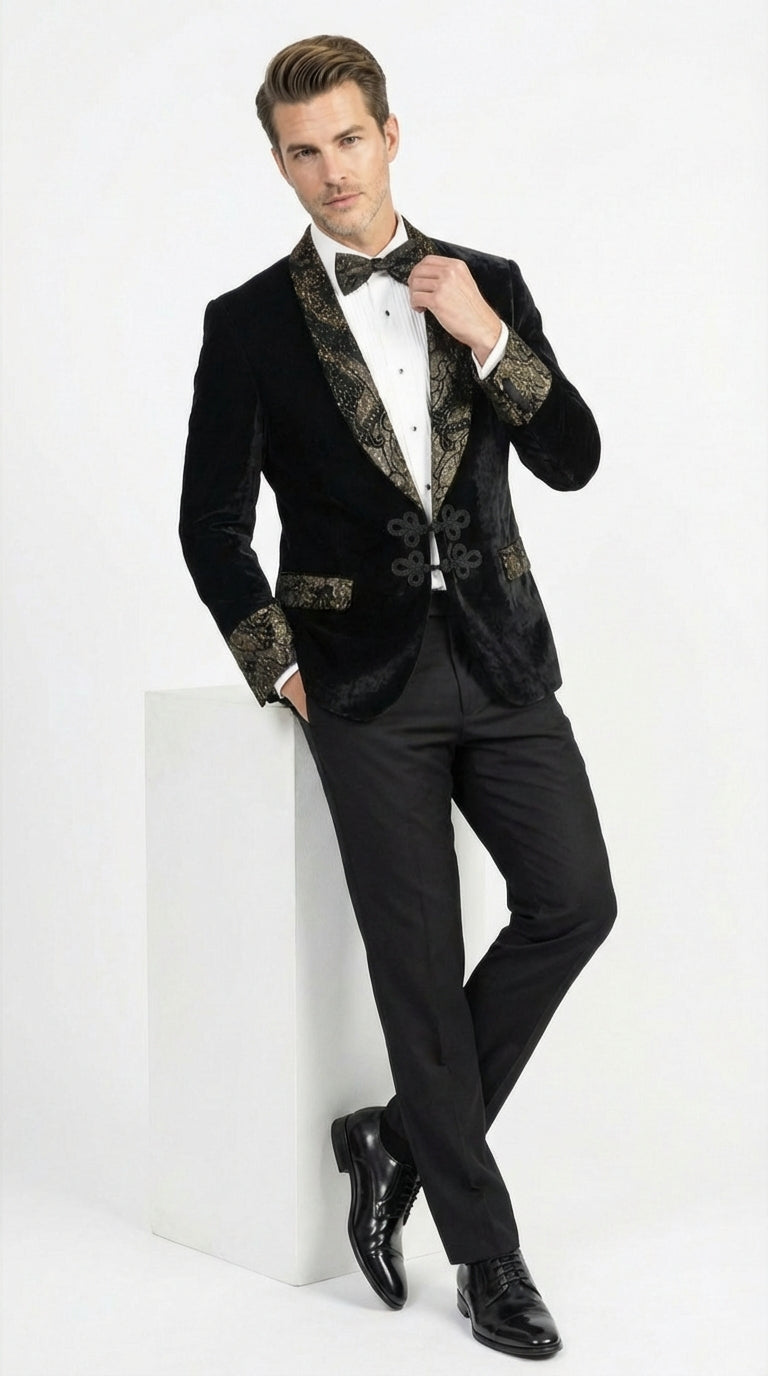 Men’s Smoking Jacket  Black and Gold Embroidered Tuxedo Blazer – Luxury Velvet Formal Dinner Jacket with Paisley Lapel