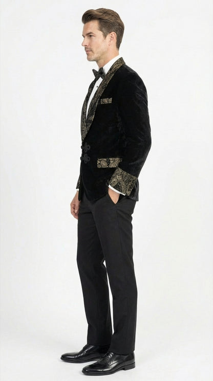 Men’s Smoking Jacket  Black and Gold Embroidered Tuxedo Blazer – Luxury Velvet Formal Dinner Jacket with Paisley Lapel