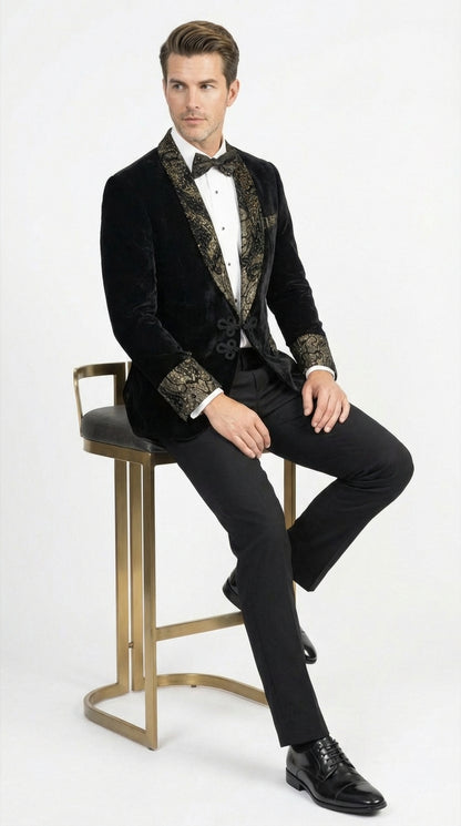 Men’s Smoking Jacket  Black and Gold Embroidered Tuxedo Blazer – Luxury Velvet Formal Dinner Jacket with Paisley Lapel