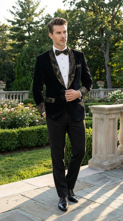 Men’s Smoking Jacket  Black and Gold Embroidered Tuxedo Blazer – Luxury Velvet Formal Dinner Jacket with Paisley Lapel