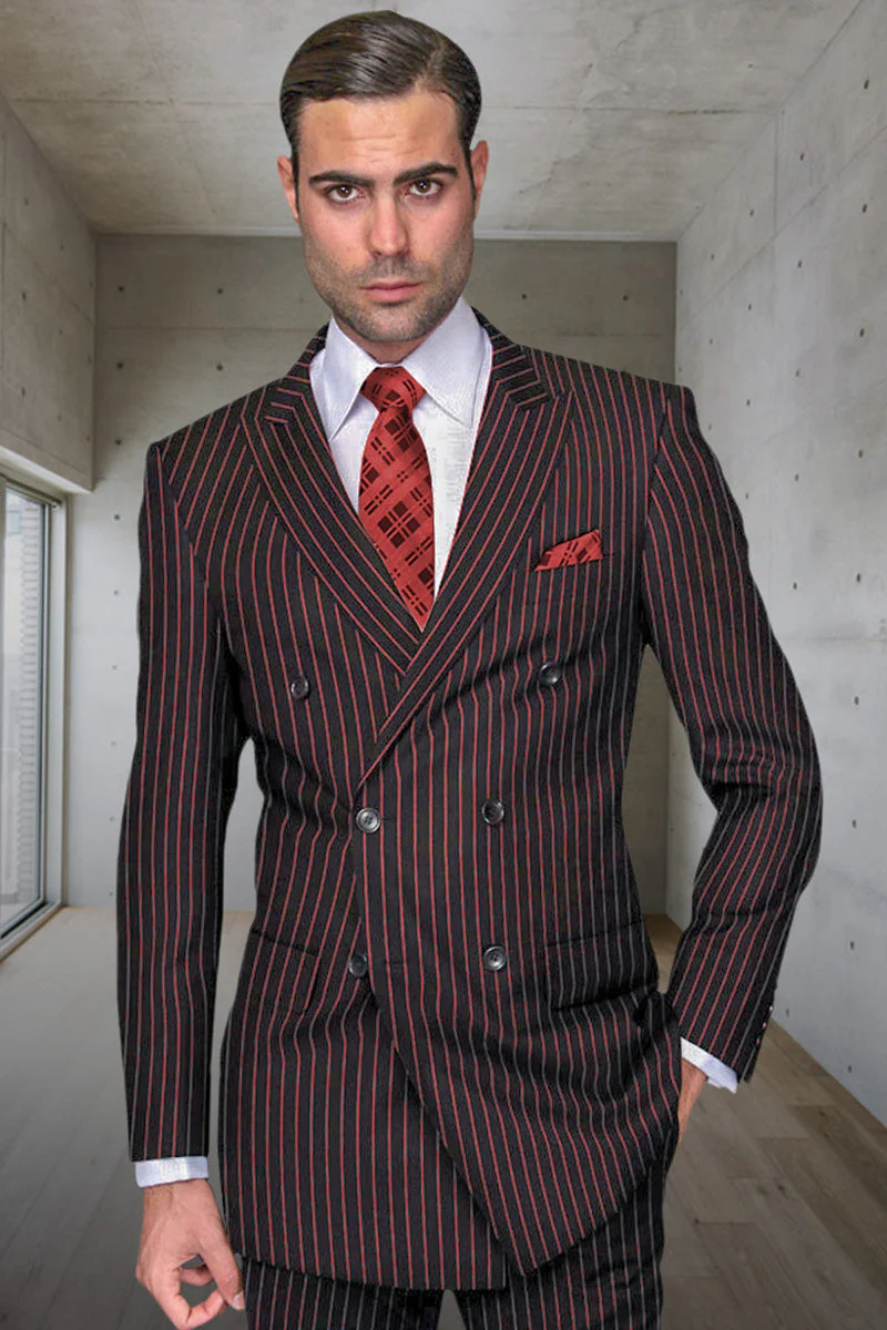 Black and Red Pinstripe Double breasted Suit - 100% Wool Modern Fit Side Vents by Statement brand
