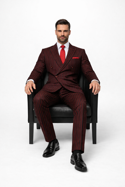 Black and Red Pinstripe Double breasted Suit - 100% Wool Modern Fit Side Vents by Statement brand