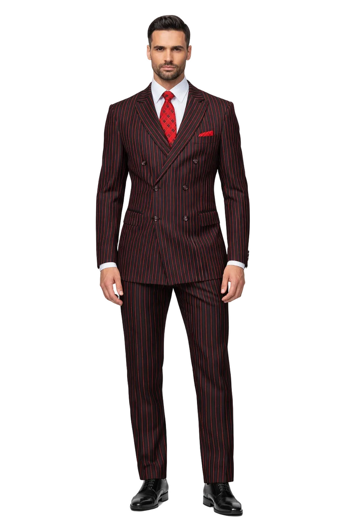 Black and Red Pinstripe Double breasted Suit - 100% Wool Modern Fit Side Vents by Statement brand
