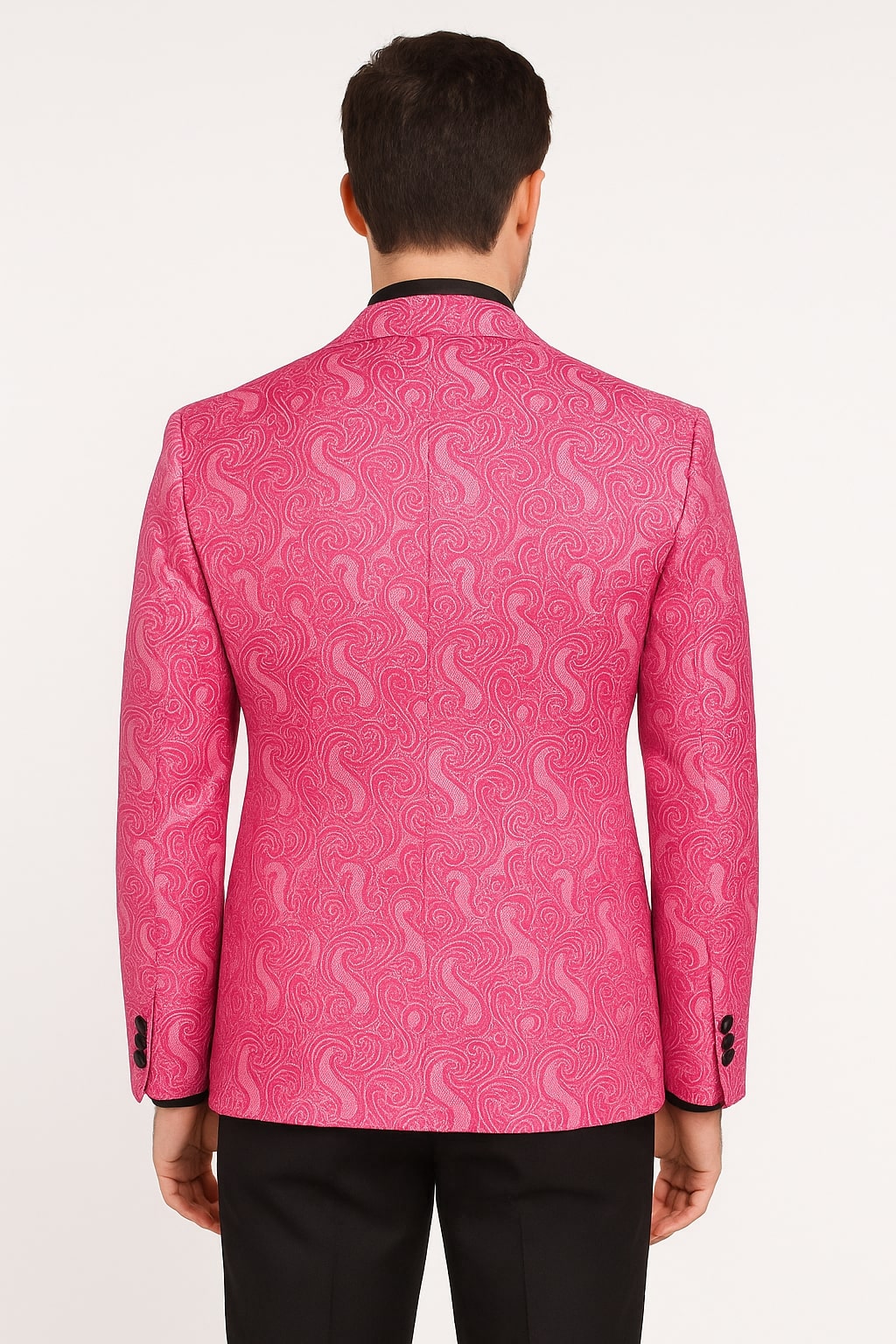 Men’s Hot Pink Paisley Tuxedo Blazer with Black Shawl Lapel Fuchsia Color Dinner Jacket Perfect for Prom