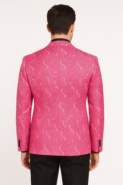 Mens Hot Pink Paisley Tuxedo Blazer with Black Shawl Lapel Fuchsia Color Dinner Jacket Perfect for Prom