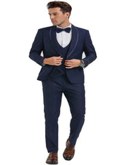 Blue Prom Suit - Blue Homecoming Outfits For Guys in Navy Blue with Blue Satin Trim Tuxedo