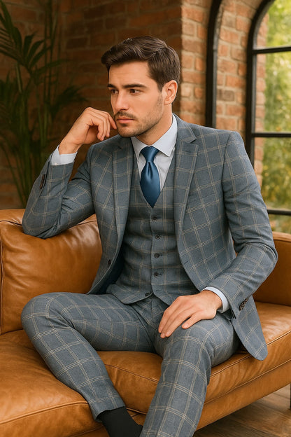 Mens Blue Windowpane Checkered Slim Fit Suit  3 Piece Stretch Business Suit