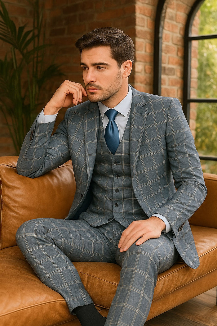 Mens Blue Windowpane Checkered Slim Fit Suit  3 Piece Stretch Business Suit
