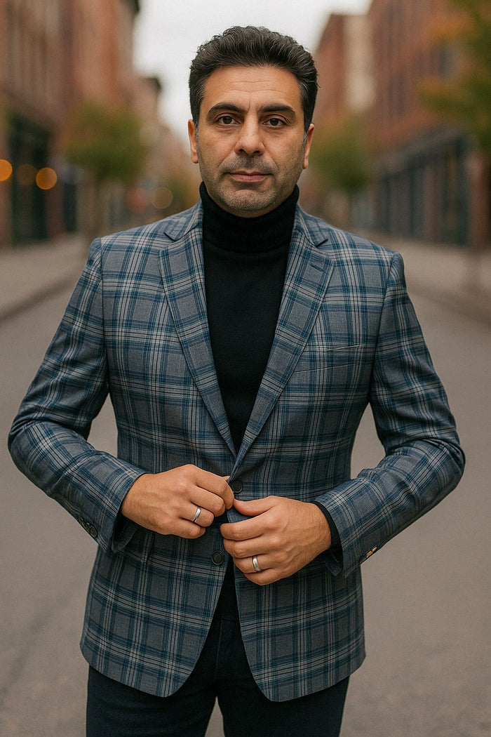 Mens Blue and Grey Windowpane Plaid Blazer   Casual Sport Coat
