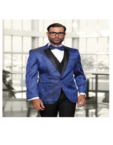Blue Paisley Jacket Mens Swirl Paisley Prom Tuxedo in Royal Blue & Black