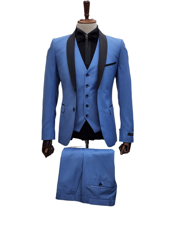 Men's Light Blue Tuxedo 3-Piece Suit with Black Shawl Lapel  Formal Wedding & Prom Attire in Steel Blue
