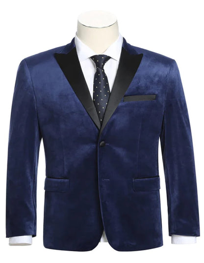 Blue Wedding Tuxedo - Mens Two Button Peak Lapel Velvet Prom Navy Blue Tuxedo Blazer