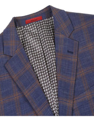 Mens Slim Fit Two Button Sport Coat Navy Blue & Gold Windowpane Plaid Blazer - Men's Tuxedo USA