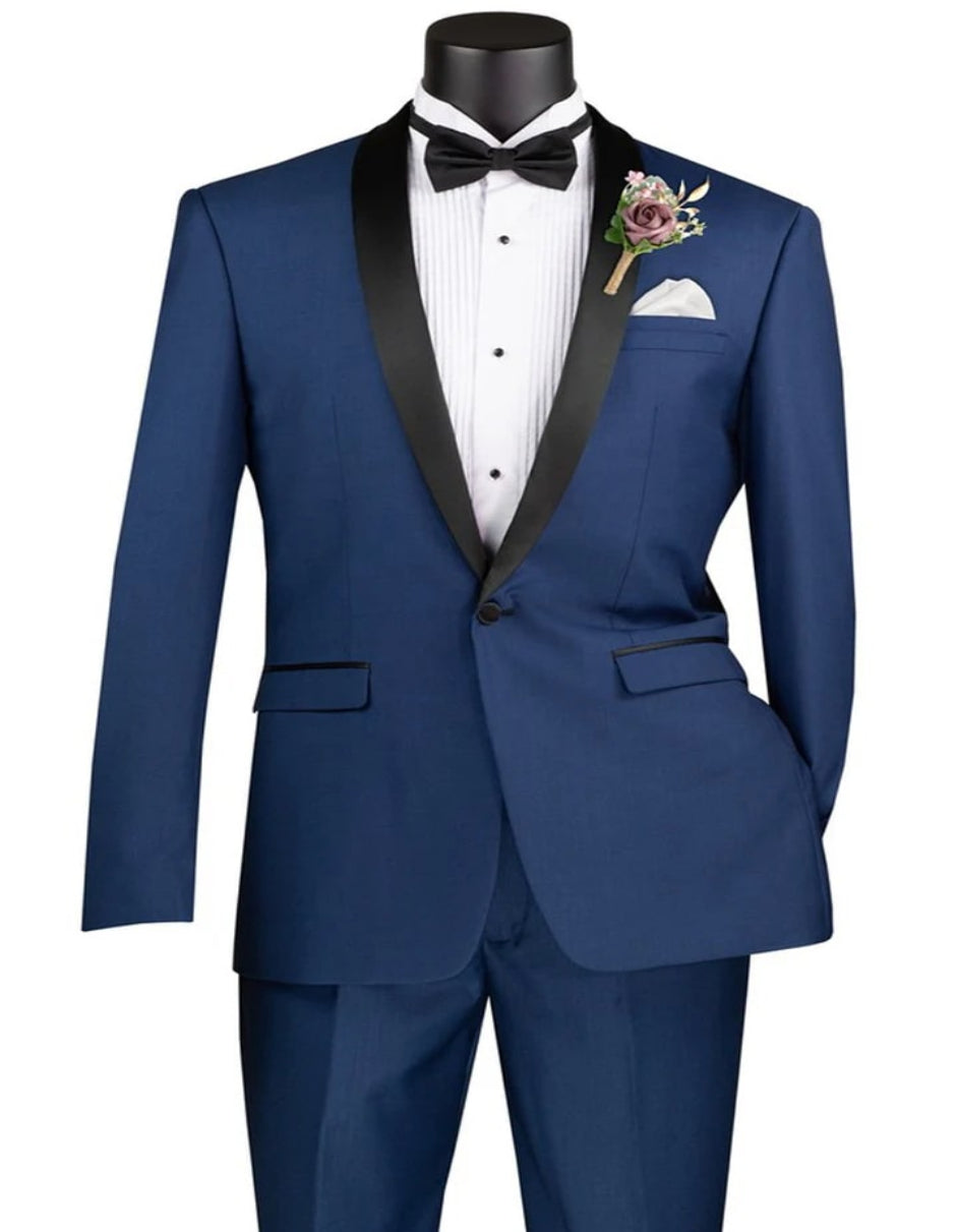 Mens Formal Slim Fit Blue Tuxedo  Wedding Suit with Shawl Collar