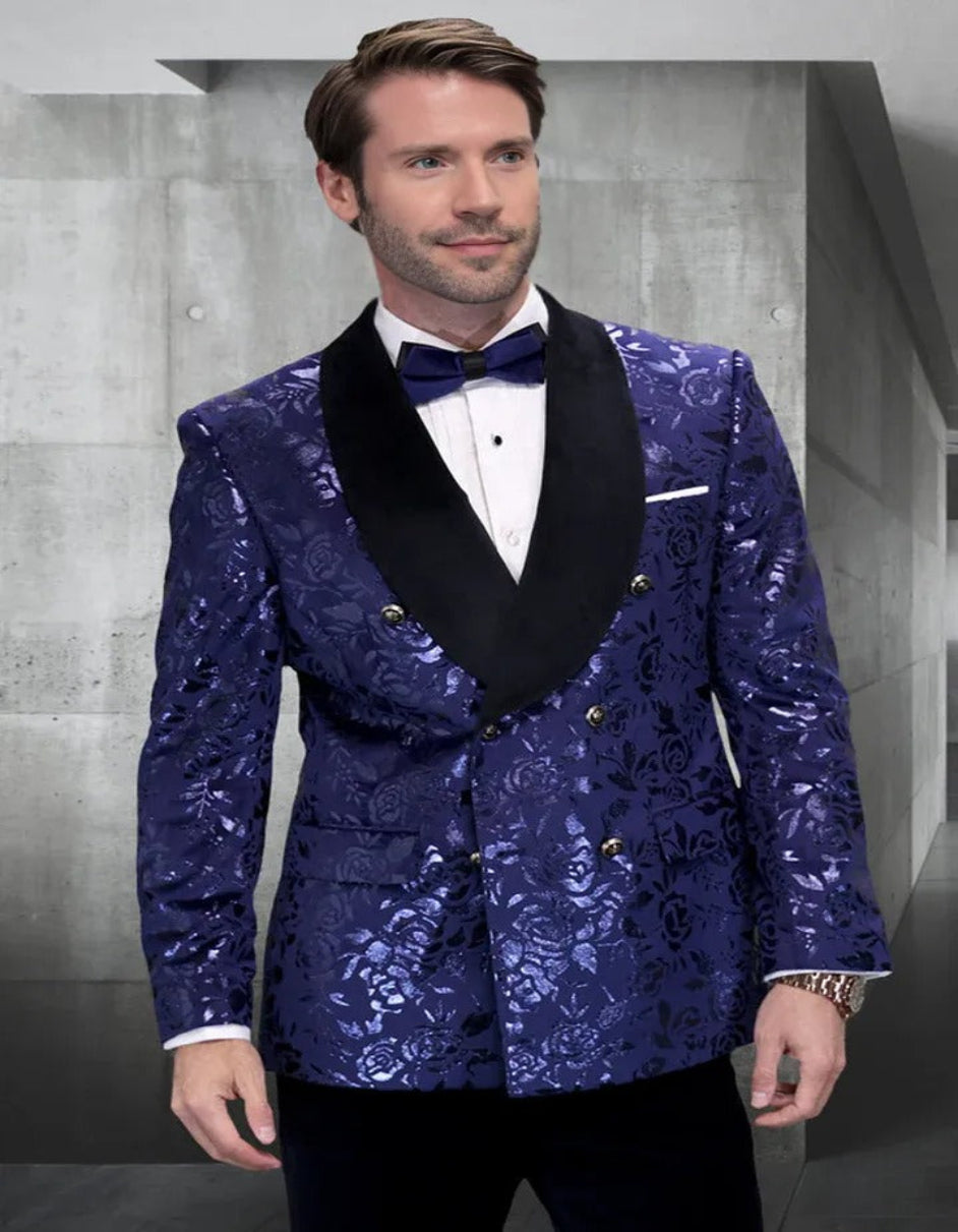 Blue Wedding Tuxedo - Men's Double Breasted Foil Paisley Sapphire Blue Dinner Jacket