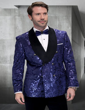 Blue Wedding Tuxedo - Men's Double Breasted Foil Paisley Sapphire Blue Dinner Jacket