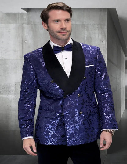 Blue Wedding Tuxedo - Men's Double Breasted Foil Paisley Sapphire Blue Dinner Jacket