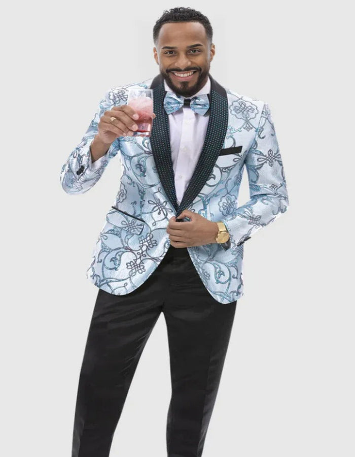 Blue Wedding Tuxedo - Mens Wide Brocade Pattern Prom Aqua blue Dinner Jacket Tuxedo