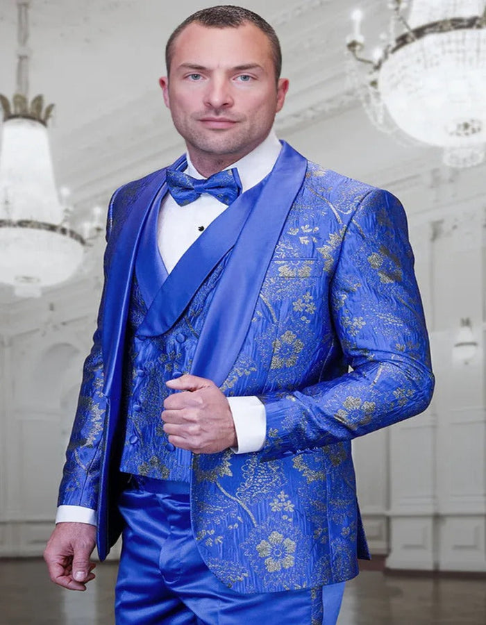 Blue Wedding Tuxedo - Men's Vested Prom & Wedding Royal Blue Paisley Lace print Tuxedo