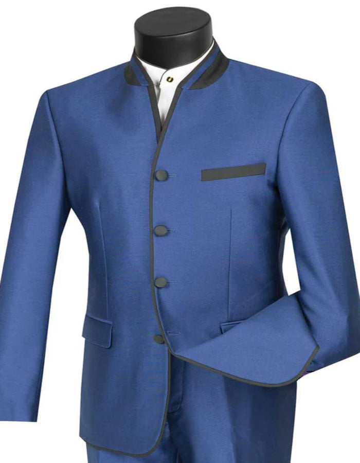 Blue Wedding Tuxedo - Mens 4 Button Mandarin Banded Blue Trim Tuxedo