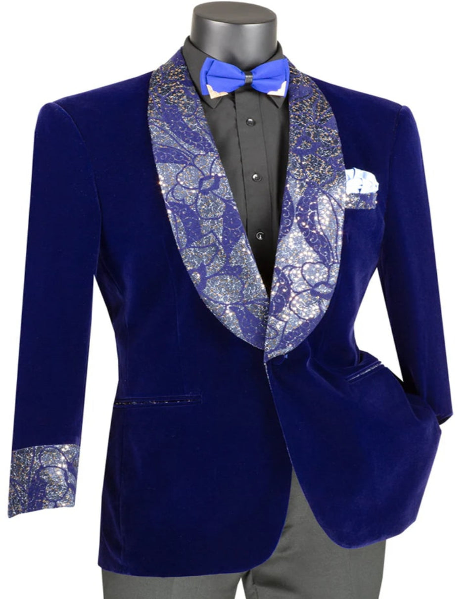 Blue Wedding Tuxedo - Mens Velvet Prom Smoking Jacket with Fancy Paisley Royal Blue Jacket