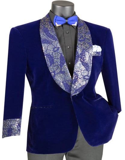 Blue Wedding Tuxedo - Mens Velvet Prom Smoking Jacket with Fancy Paisley Royal Blue Jacket