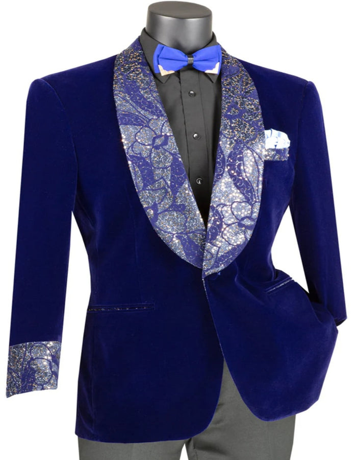 Blue Wedding Tuxedo - Mens Velvet Prom Smoking Jacket with Fancy Paisley Royal Blue Jacket