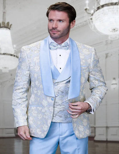 Blue Wedding Tuxedo - Men's Designer Vested Wedding & Prom Sky Blue and Gold Floral Paisley Tuxedo