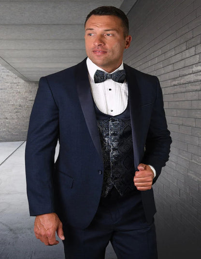 Blue Wedding Tuxedo - Men's Modern Fit Wedding & Prom Shawl with Matching Paisley Vest Set in Indigo Blue Tuxedo