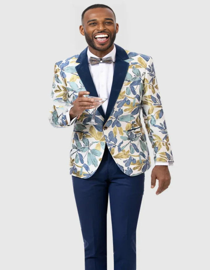 Blue Wedding Tuxedo - Mens One Button Floral Pattern Tuxedo Navy Dinner Jacket