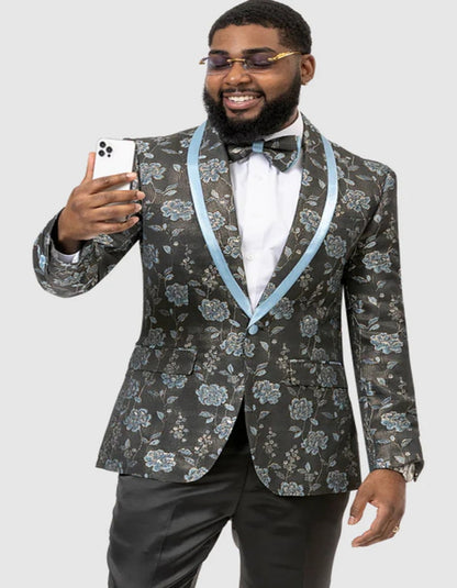Blue Wedding Tuxedo - Mens Black & Blue Paisley Floral Prom Sky Blue Tuxedo Dinner Jacket