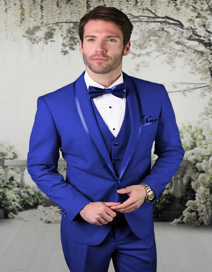 Blue Wedding Tuxedo - Men's Vested Satin Trim Shawl Wedding Royal Blue Prom Tuxedo