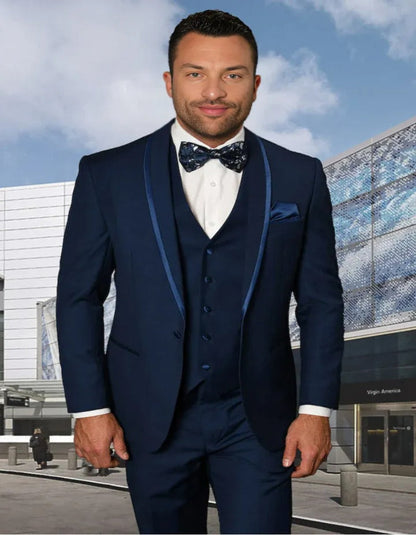 Blue Wedding Tuxedo - Men's Vested Satin Trim Shawl Sapphire Blue Prom Tuxedo