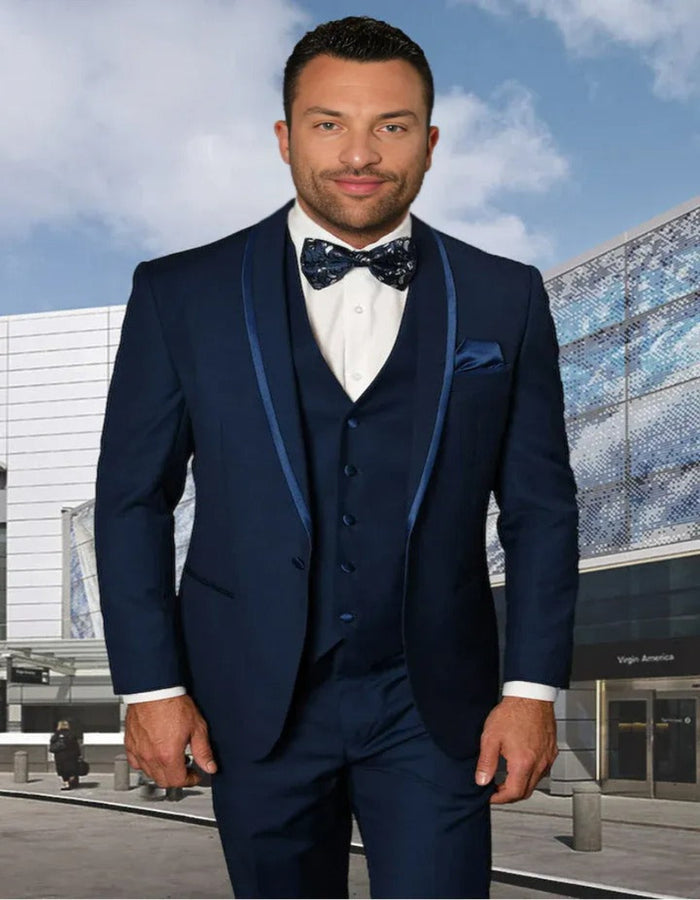 Blue Wedding Tuxedo - Men's Vested Satin Trim Shawl Sapphire Blue Prom Tuxedo
