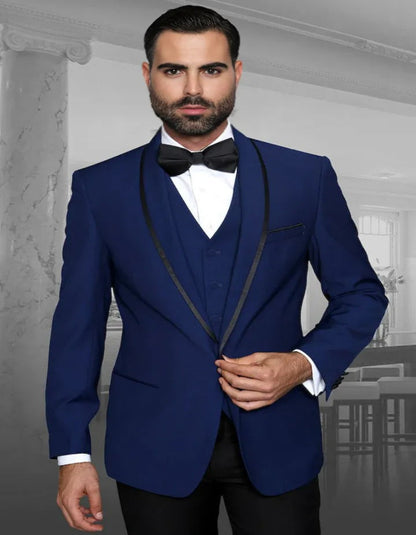 Blue Wedding Tuxedo - Men's Designer Vested Satin Trim Shawl Wedding Sapphire Prom Tuxedo