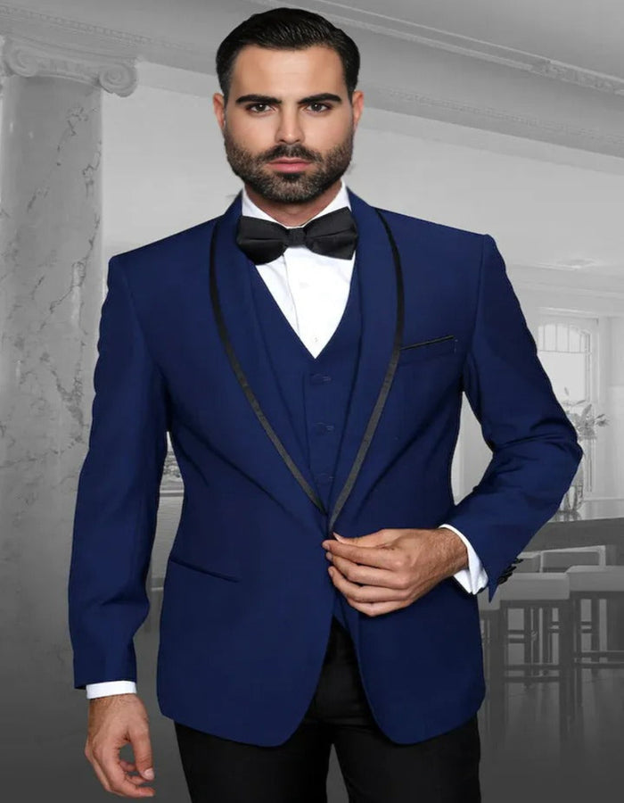 Blue Wedding Tuxedo - Men's Designer Vested Satin Trim Shawl Wedding Sapphire Prom Tuxedo