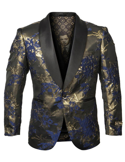 Blue Wedding Tuxedo - Men's Shiny Satin Paisley Prom Navy and Gold Tuxedo