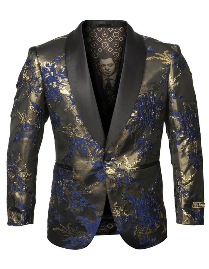 Blue Wedding Tuxedo - Men's Shiny Satin Paisley Prom Navy and Gold Tuxedo